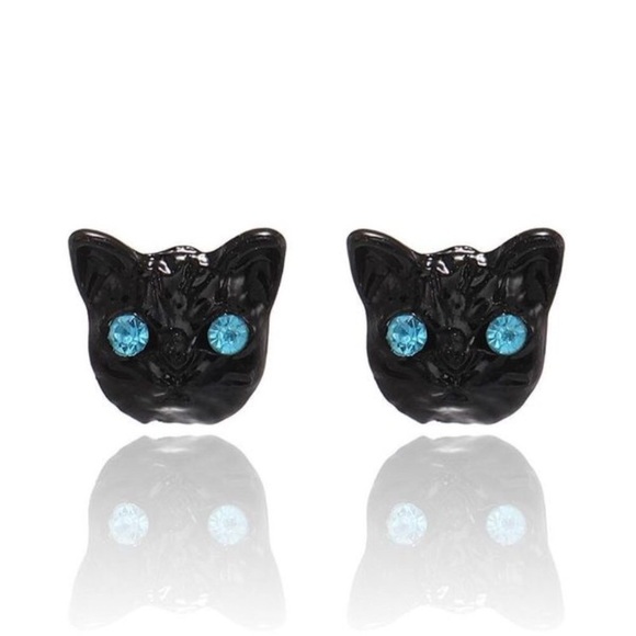 Spooky Black Cat Sparkling Blue Eyed Stud Earrings - Picture 3 of 4